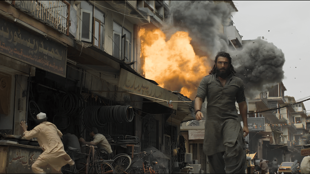 Dhurandhar Movie suspenceful scene featuring Ranveer Singh.