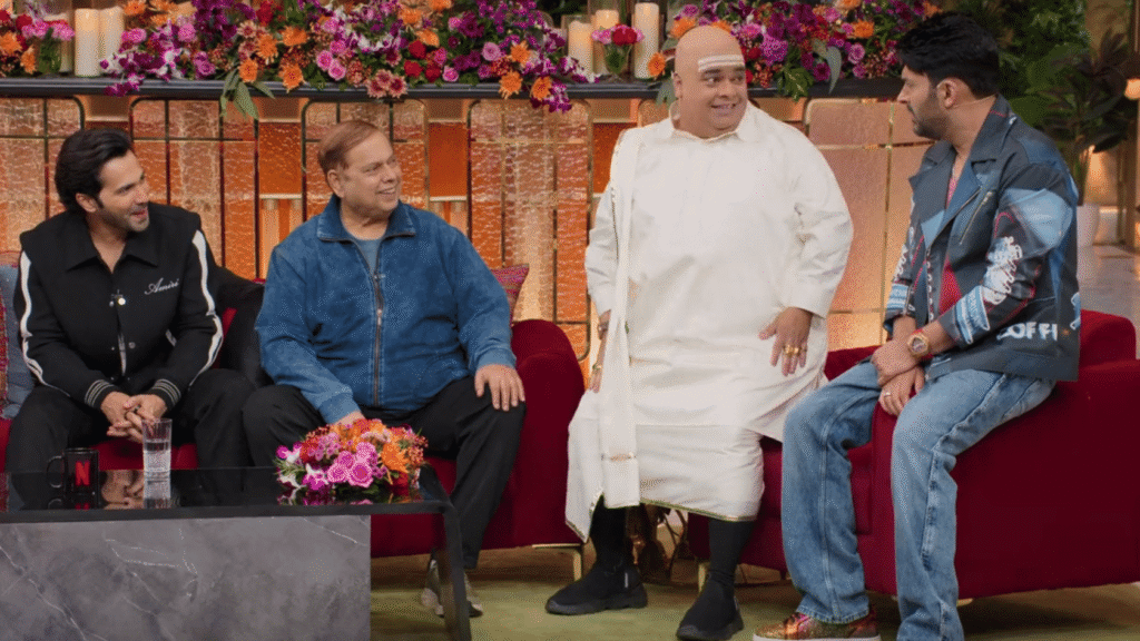 Varun Dhawan and David Dhawan as guests with Kapil Sharma on The Great Indian Kapil Show Netflix