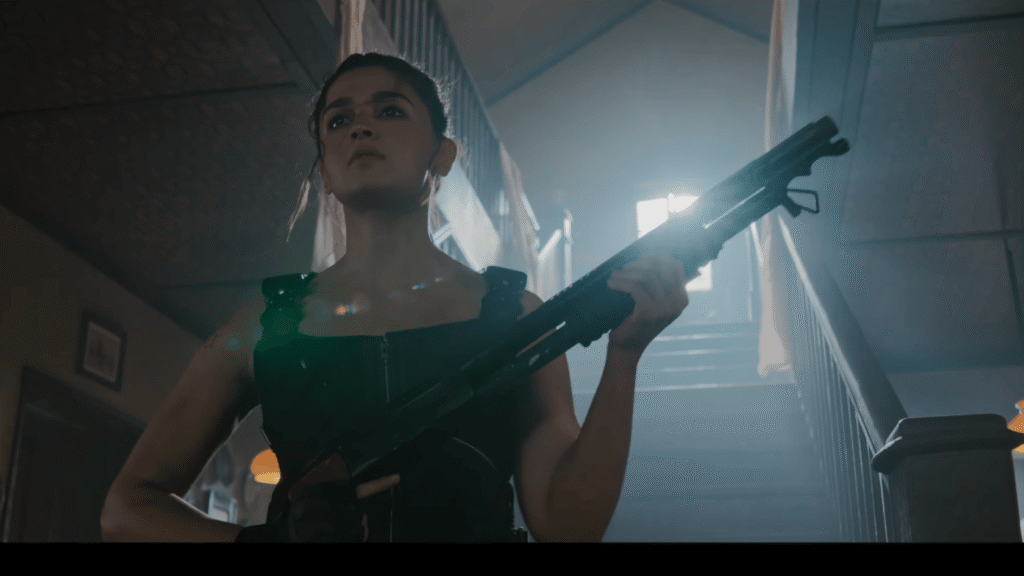 Alia Bhatt as Sita holding a weapon in a powerful action scene from Alpha movie 2026 Yash Raj Films