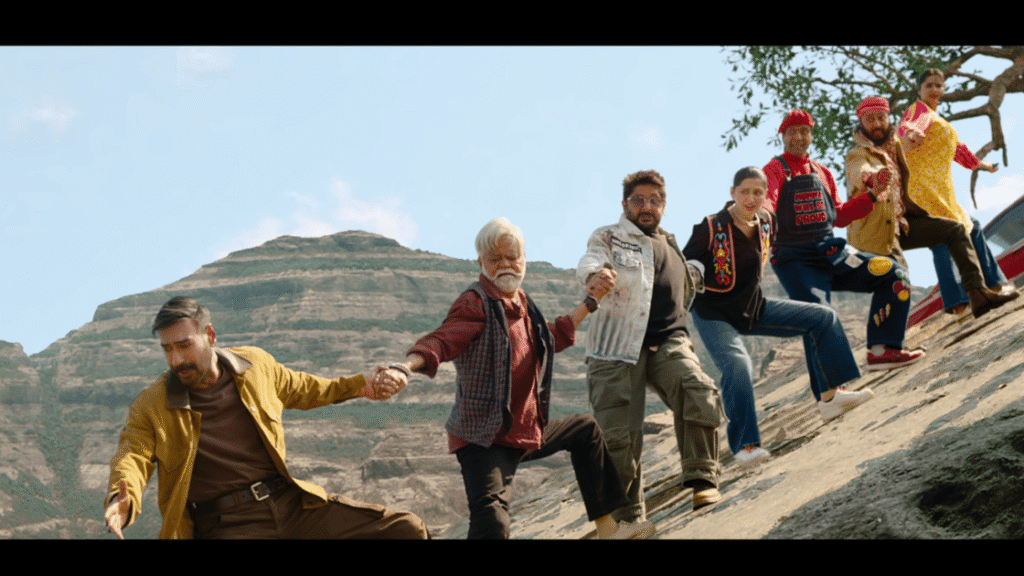 Full cast of Dhamaal 4 including Ajay Devgn Arshad Warsi and Riteish Deshmukh running together in a treasure hunt scene July 2026
