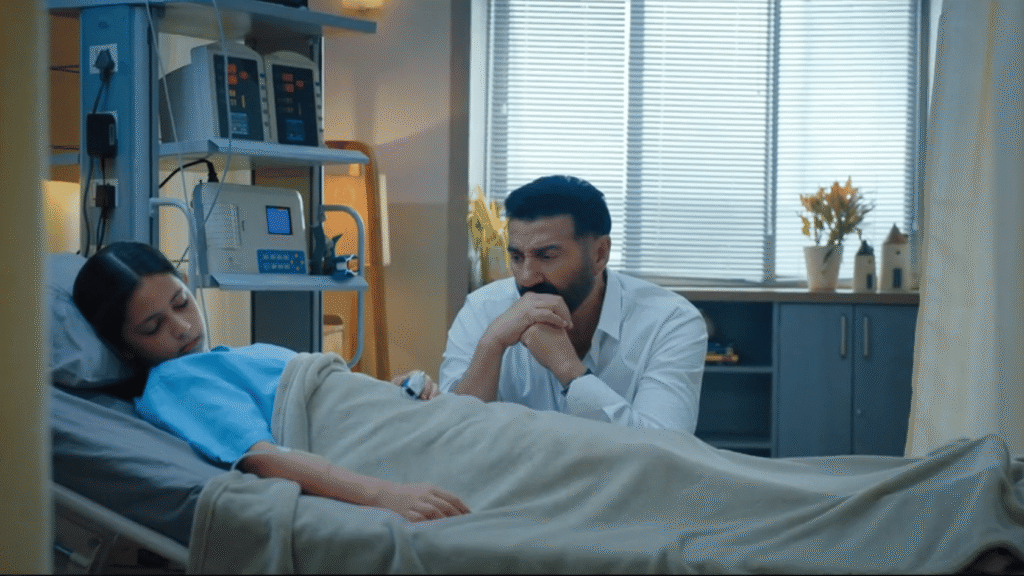 Sunny Deol as lawyer Arjun Mehra sitting beside his sick daughter in a hospital scene from Ikka Movie Netflix 2026