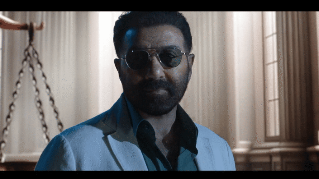 Sunny Deol as ace lawyer Arjun Mehra standing in courtroom with scales of justice in Ikka movie Netflix 2026