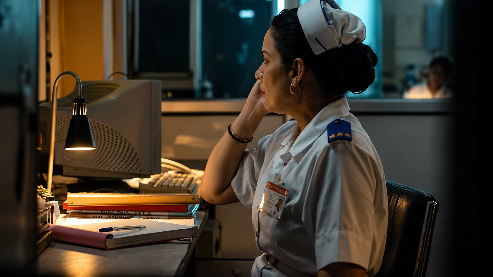 Nurse sitting at a desk during a quiet hospital shift